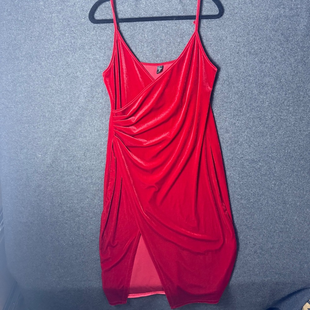 Red Velvet Wrap Midi Dress Ruched Side Slit Size 2XL Holiday‎ Stretchy Bodycon